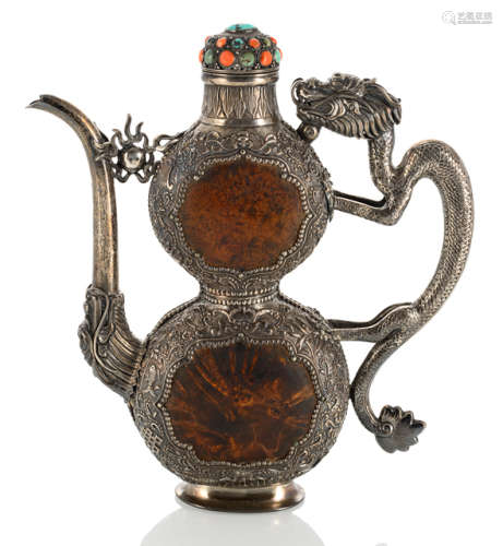 A GOOD SILVER DRAGON EWER WITH INLAID BURLWOOD PANELS AND STONE INLAYS