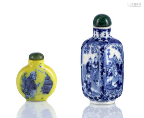 TWO PORCELAIN SNUFF BOTTLES WITH UNDERGLAZE BLUE AND WHITE DECORATION