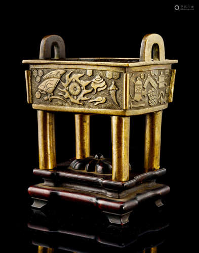 A BRONZE CENSER WITH EMBLEMS AND ANTIQUES