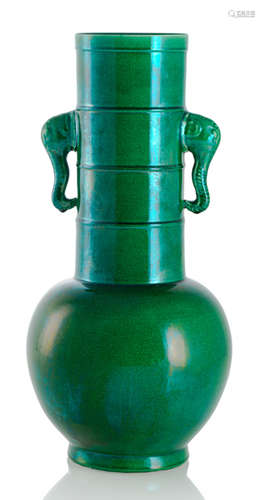 AN APPLE-GREEN GLAZED VASE WITH 'ELEPHANT HEAD' HANDLES