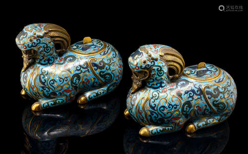 A PAIR OF PART-GILT CLOISONNÉ ENAMEL RAMS AS CENSERS