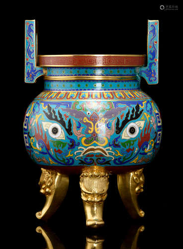 A THREE-LEGGED CLOISONNÉ CENSER WITH ANIMAL MASK DECOR