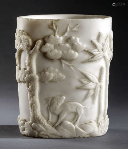 A CARVED WHITE STONE BRUSHPOT WITH THREE FRIENDS DECORATION AND DEER