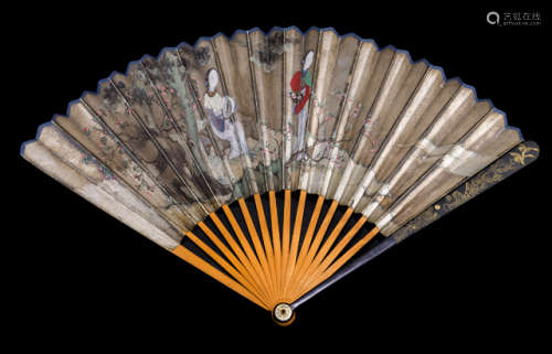 A FOLDING FAN DEPICTING LADIES IN A GARDEN (FRONT) AND CHERRY BLOSSOMS (REVERSE)