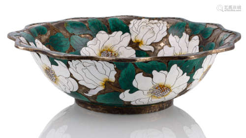 A SILVERED COPPER CLOISONNÉ ENAMEL BOWL WITH PEONIES