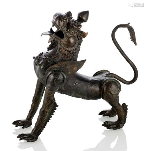 A BRONZE MYTHICAL ANIMAL TEMPLE GUARDIAN AS CENSER