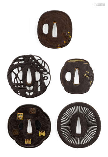A GROUP OF FIVE TSUBA WITH VARIOUS DECORS