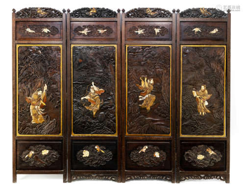 A CARVED AND INLAID FOUR-PANEL WOOD SCREEN