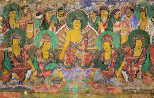 A LARGE ANONYMOUS PAINTING OF A BUDDHIST PANTHEON WITH CENTRAL DEPICTION OF BUDDHA SEATED ON THE LOTUS THRONE SURROUNDED BY BODHISATTVAS AND HEAVENLY KINGS