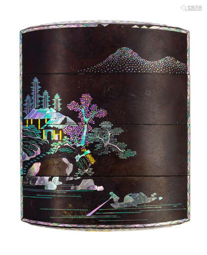 A MOTHER-OF-PEARL-INLAID LACQUER INRO WITH SEASCAPE DECOR
