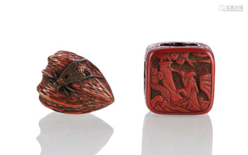 A CARVED CINNABAR LACQUER MANJU AND A PAINTED CARVED WOOD FRUIT