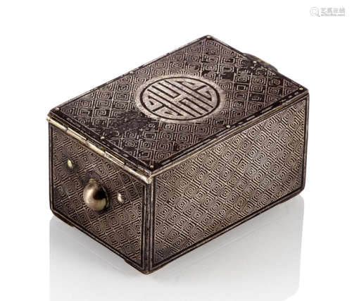 A SILVER INLAID IRON BOX AND COVER