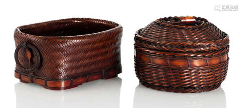 A WOVEN BAMBOO BOX AND COVER AND A IKEBANA BASKET