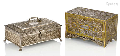 A SILVER BOX AND COVER AND A BRASS BOX WITH SILVER INLAYS