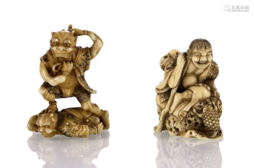 TWO FINE CARVED IVORY NETSUKE: GAMMA SENNIN AND TOAD AND TWO ONI