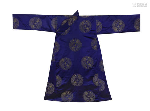 清 宝蓝色织金团龙纹绸藏袍