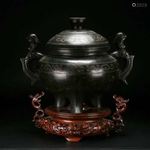 A Rare Silver and Gold -Inlaid Bronze Censer,Ming Dynas