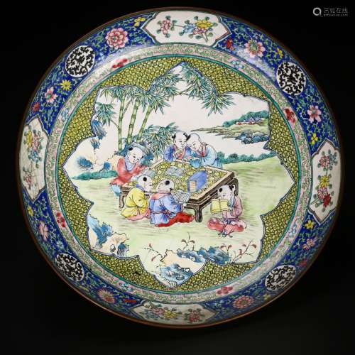 Chinese Antique Enameled Bronze Plate, Qing Dynasty