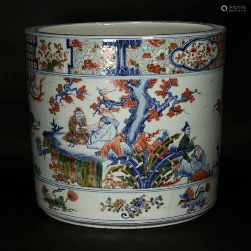A large Chinese Wucai porcelain brushpot,Wanli marks