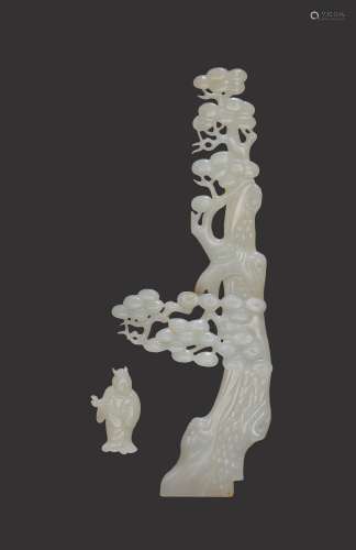 A LARGE 4-PART WHITE JADE ‘PRINCE UNDERNEATH PINE TREE’ CARVING, QING DYNASTY