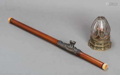 AN IVORY, BAMBOO AND SILVER OPIUM PIPE, QING DYNASTY, WITH AN ANTIQUE OPIUM LAMP