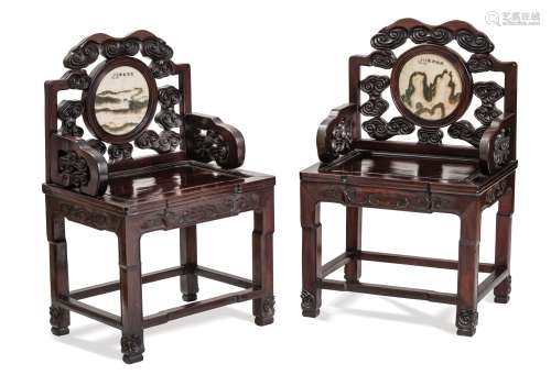A PAIR OF SIGNED ‘DREAMSTONE’ MARBLE AND WOOD CHAIRS, QING DYNASTY