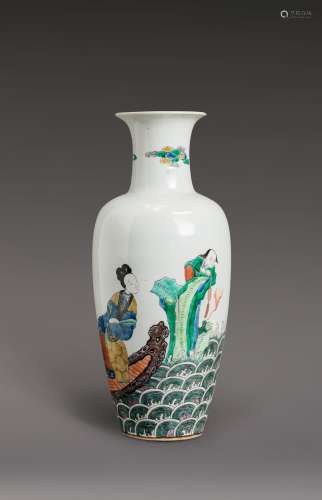 A LARGE AND VERY RARE KANGXI PERIOD FAMILLE VERTE BALUSTER VASE ‘LIU HAI AND FEMALE IMMORTALS’