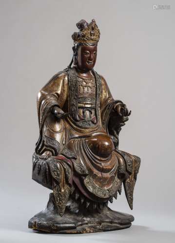 A LARGE AND IMPORTANT MING DYNASTY POLYCHROME-LACQUERED WOOD FIGURE OF GUANYIN