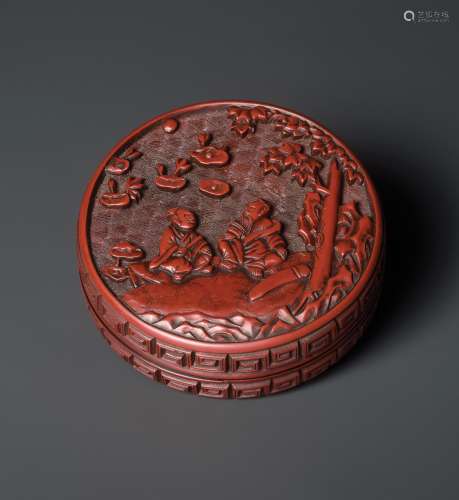 A CINNABAR LACQUER ‘MUSICIANS’ BOX AND COVER, MING DYNASTY, 16TH CENTURY