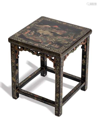 A CHINESE PAINTED AND GILT BLACK LACQUER SQUARE LOW TABLE, QING DYNASTY