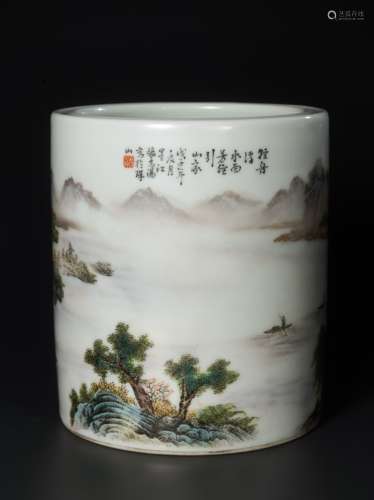 A FAMILLE ROSE PORCELAIN BRUSH POT BY ZHANG ZHITANG (1893-1971)