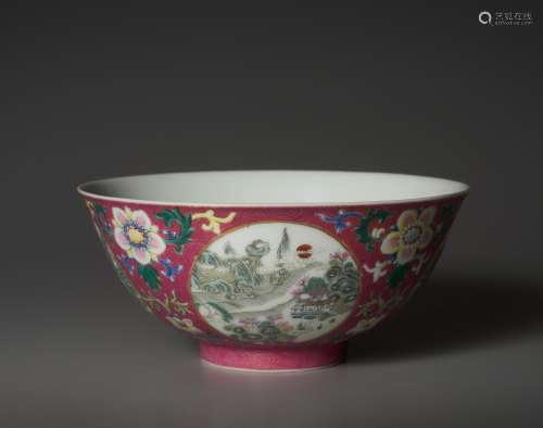 A RUBY-GROUND FAMILLE-ROSE SGRAFFIATO 'LANDSCAPE' BOWL, SEAL MARK AND PERIOD OF DAOGUANG