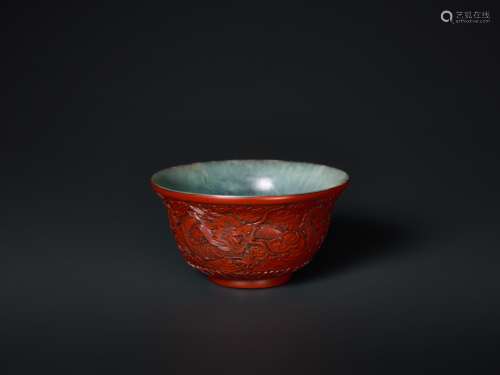 AN EXTREMELY RARE QIANLONG PERIOD CINNABAR LACQUER EMBELLISHED JADE BOWL