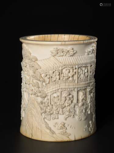 AN IMPERIAL 18TH CENTURY IVORY BITONG BRUSHPOT WITH THE STORY OF PAN YUE
