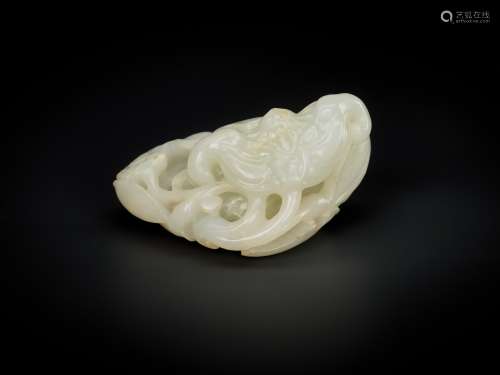 A QING DYNASTY WHITE AND RUSSET JADE ‘BAT AND LOTUS’ GROUP