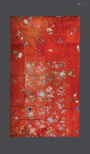 A VERY LARGE SILK WALL-HANGING WITH AUSPICIOUS FRUITS, FLOWERS AND BUTTERFLIES, QING