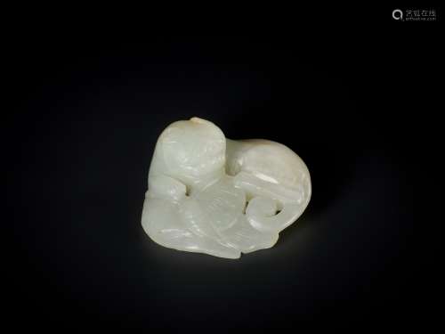 A QING DYNASTY PALE CELADON JADE ‘CAT AND BUTTERFLY’ GROUP