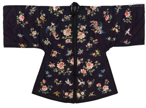 A MIDNIGHT BLUE SILK LADY’S ROBE WITH AUSPICIOUS BRIDS, FLOWERS AND FRUITS, QING