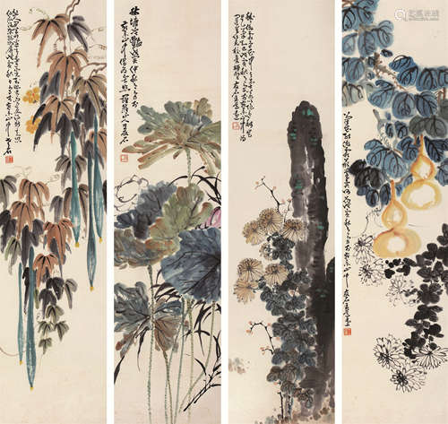 王友石（1892～1965） 1938年作 花卉 四屏轴 设色纸本