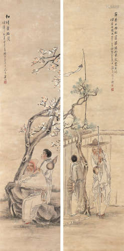 钱惠安（1833～1911） 人物对屏 轴 设色纸本