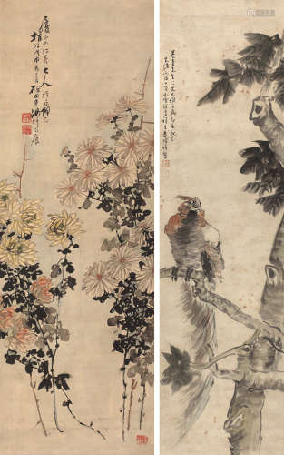 砚田 李增禧（1857～1911） 书画 （两幅） 轴 设色绫本、纸本