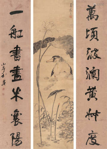 松年（1837～1906） 花鸟 对联 镜心 水墨、设色纸本