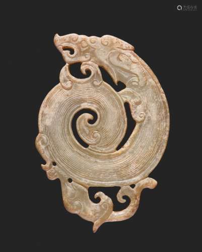 A WELL-DETAILED CARVING OF A DRAGON AND A PHOENIX IN PALE GREEN JADE
