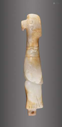 AN EXQUISITE FINIAL IN WHITE JADE CARVED AS AN ELONGATED BIRD IN PROFILE