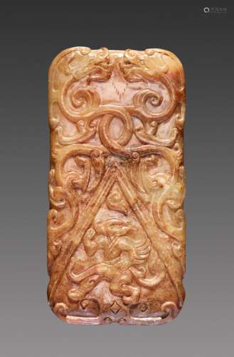 A RARE AND EXQUISITE HAN DYNASTY RECTANGULAR PENDANT IN WHITE AND RUSSET JADE CARVED WITH DRAGONS AND IMMORTALS