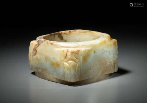 AN INTERESTING CONG IN WHITISH JADE WITH CARVED STYLIZED CICADAS ON THE CORNERS
