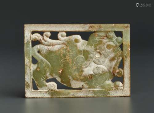 A RECTANGULAR PLAQUE IN CELEADON COLOURED JADE WITH AN ELEPHANT CARVED IN OPENWORK