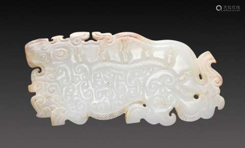 A MAGNIFICENT EASTERN ZHOU CROUCHING TIGER IN EXQUISITE PURE WHITE JADE