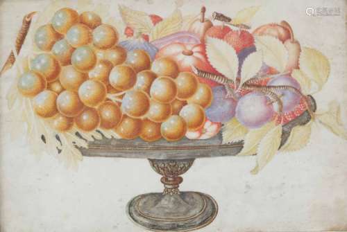 Giovanna Garzoni (1600-1670), scuola di, Alzatina con uva, prugne e corbezzoli