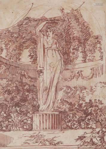Scuola della fine del XVIII secolo, Schizzo raffigurante scultura entro giardino
